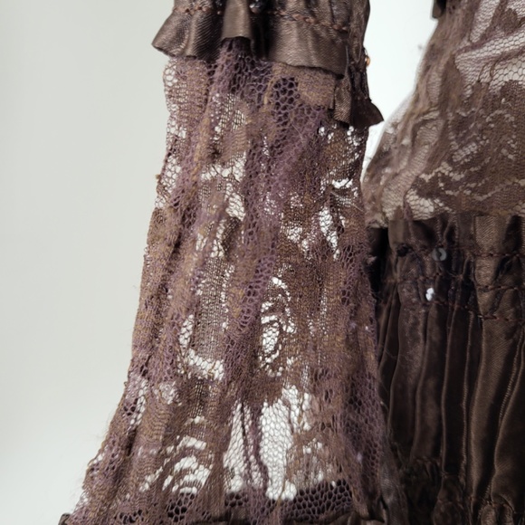 Lace long sleeve blouse button down sheer satin patchwork crinkle - Picture 7 of 14